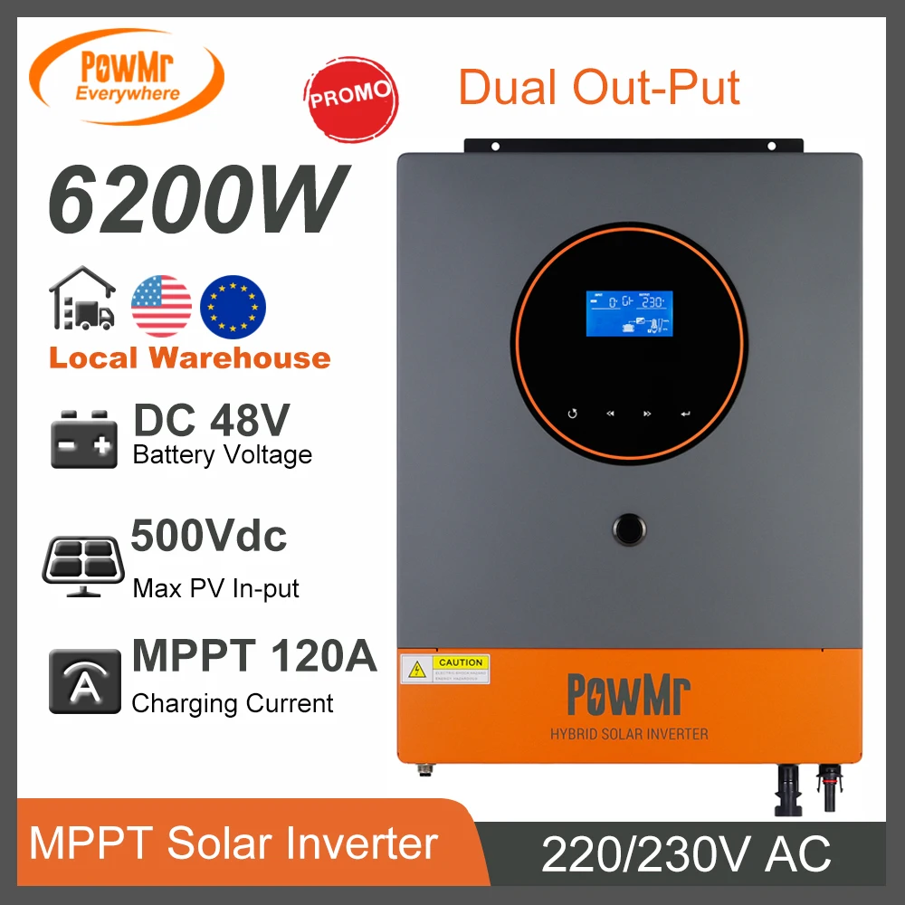 6.2KW Hybrid Inverter 48V DC To 230V AC 120A MPPT Solar Charger Controller Max Solar PV Input 500V Dual Output Support Lifepo4