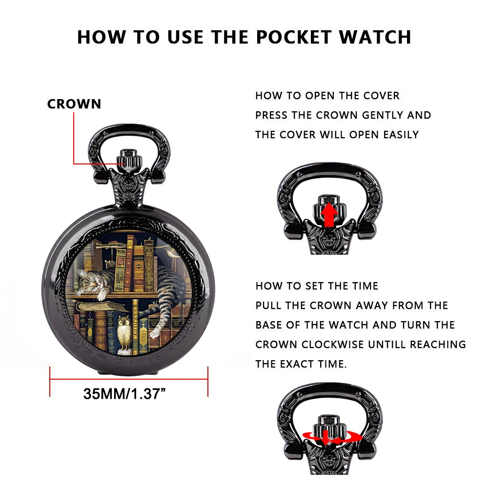 Regalo squisito Orologio da tasca al quarzo con cupola in vetro con design a libro di gatti con catena robusta Uomo Donna Bambini Regalo unico