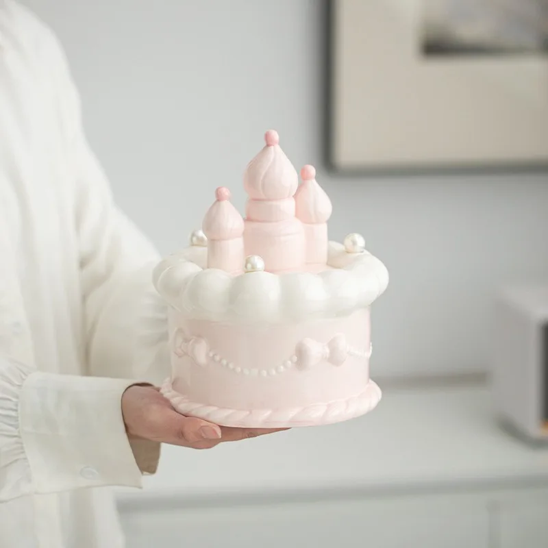 Modern Pink Castle Cake Ceramic Storage Jar Cute Home Jewelry Box Cake Shape Candy Biscuit Jar Desktop Ornament Home Decoration