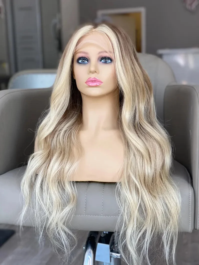 

Ombre Human Hair Mixed European Blonde Synthetic Wig Brown Root Jewish Wig Hair 13x4 Lace Front Wig For Women Daily Party Use