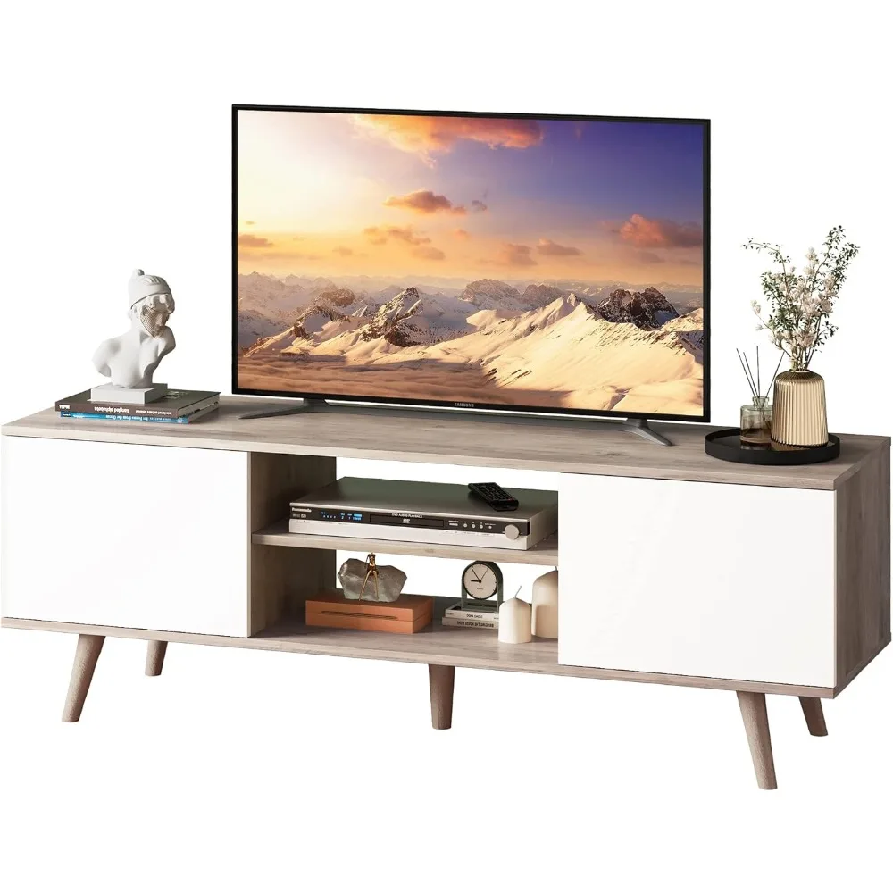 Boho Style Entertainment Center for 55-60 Inch TVs, Living Room TV Stand with Storage, Greige White