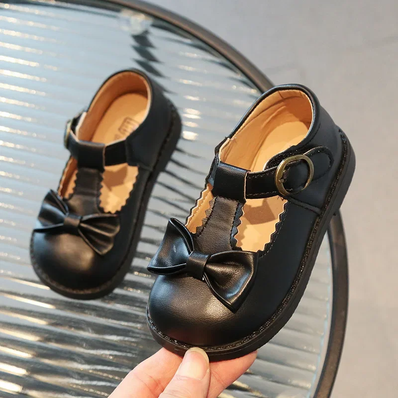 Children's Leather Shoes Spring Autumn Black School Girl Shoes Sweet Bowknot Kids Fashion Causal Princess Cut-outs Flat Shoes