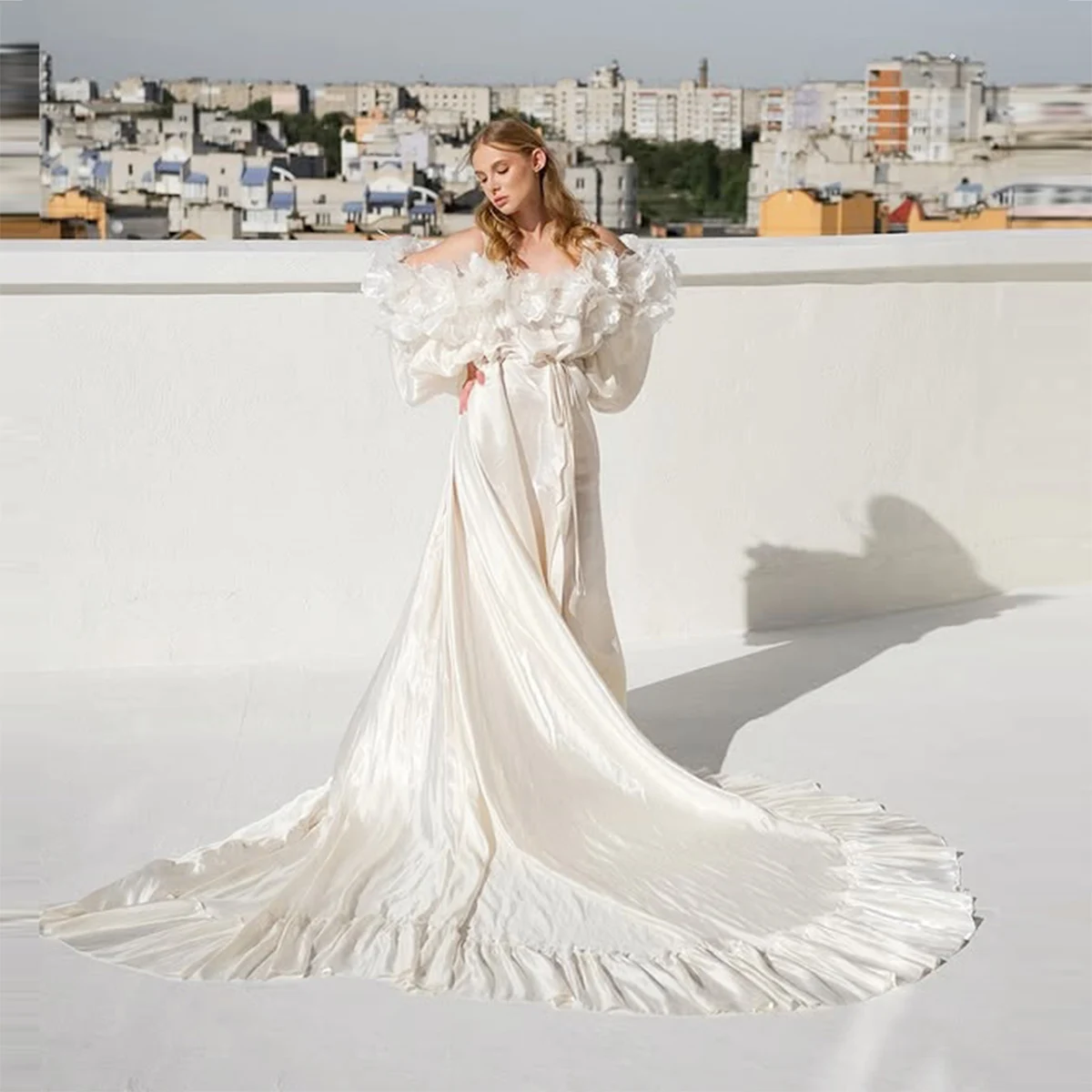 Vestido De fiesta De color marfil con hombros descubiertos, mangas largas acampanadas, tren De barrido, sesión De fotos para mujer, vestidos De fiesta De noche