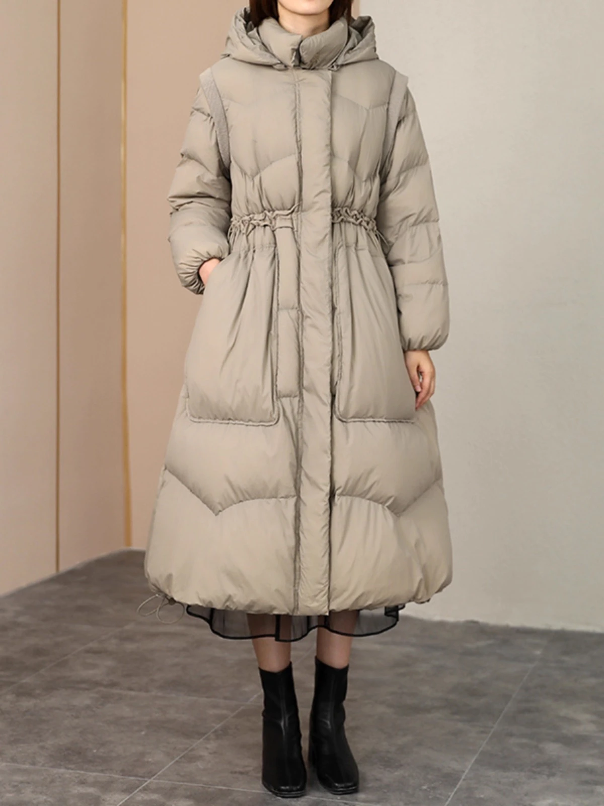 الكورية نمط سميكة الدافئة فضفاضة مقنعين طويلة أسفل معطف المرأة الشتاء حزام الخصر الموضة #1