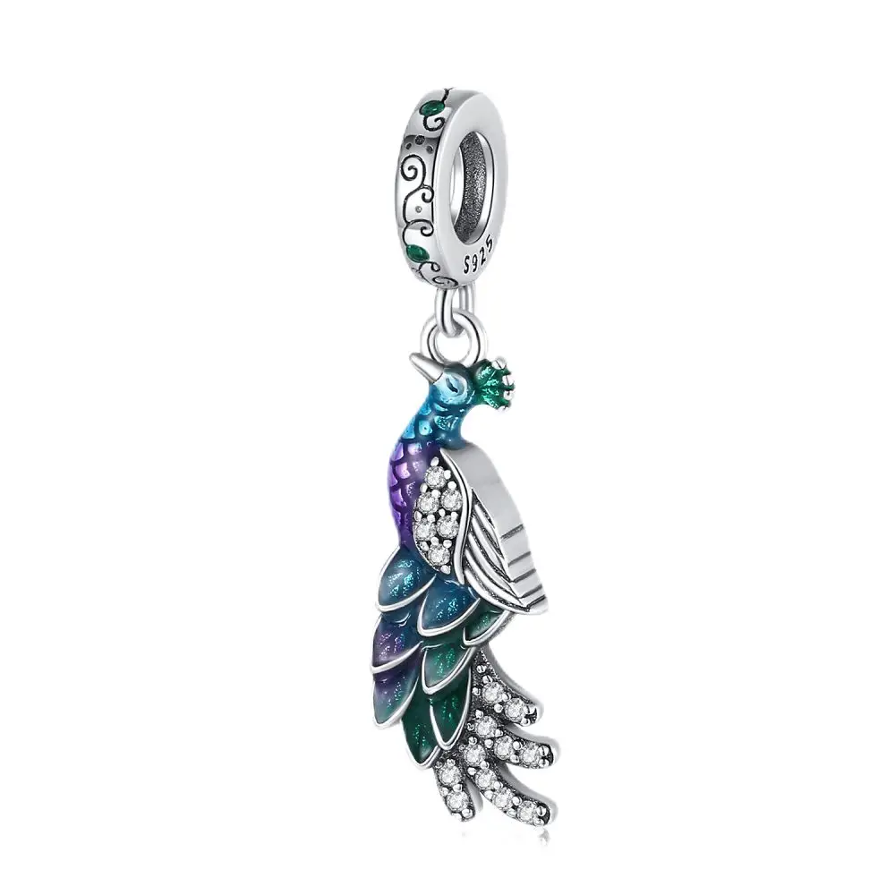 Elegante 925 Sterling Silver Pavão Charme para Mulheres, Pena Gradiente, Azul Virado, Fit Pulseira, Colar Primavera, Outing Acessórios