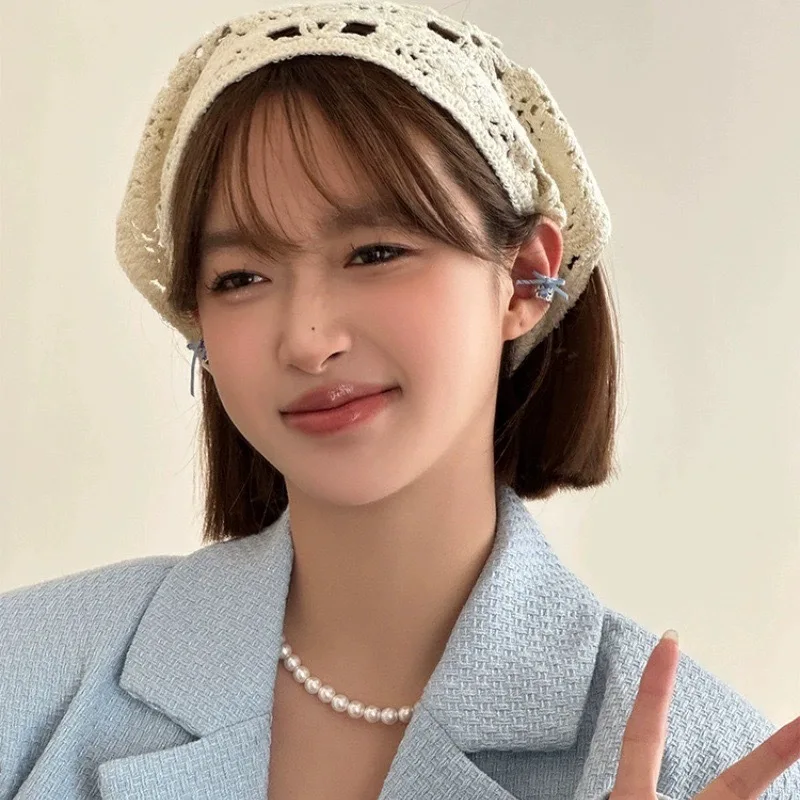 Модный вязаный платок, шапка во французском пасторальном стиле, треугольная повязка на голову, вязаная крючком повязка на голову ручной работы, полотенце, головной платок с цветком в стиле ретро