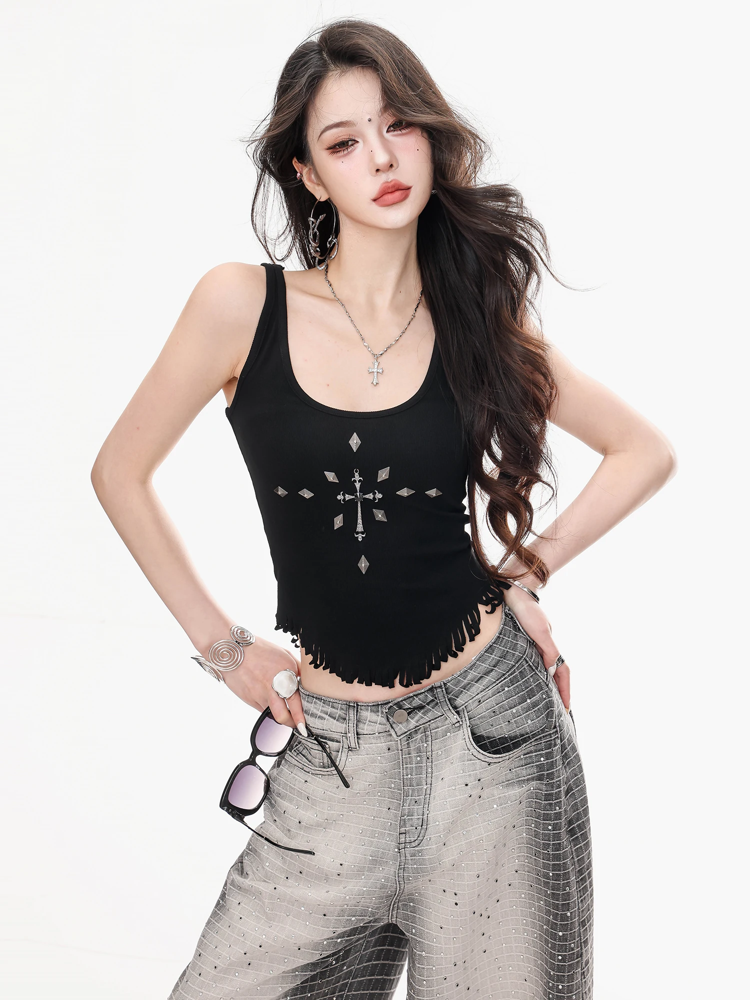 

Оригинальный женский летний топ ABWLR Cool Spicy Cross Tassel: модный, черный, укороченный, с U-образным вырезом, с эффектом похудения, сексуальный