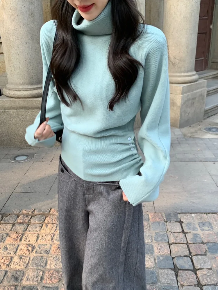 

Women's High Collar Knitted Sweater Top 2025 Autumn/Winter Korean Solid Color Fashion Casual Long Sve Pullover