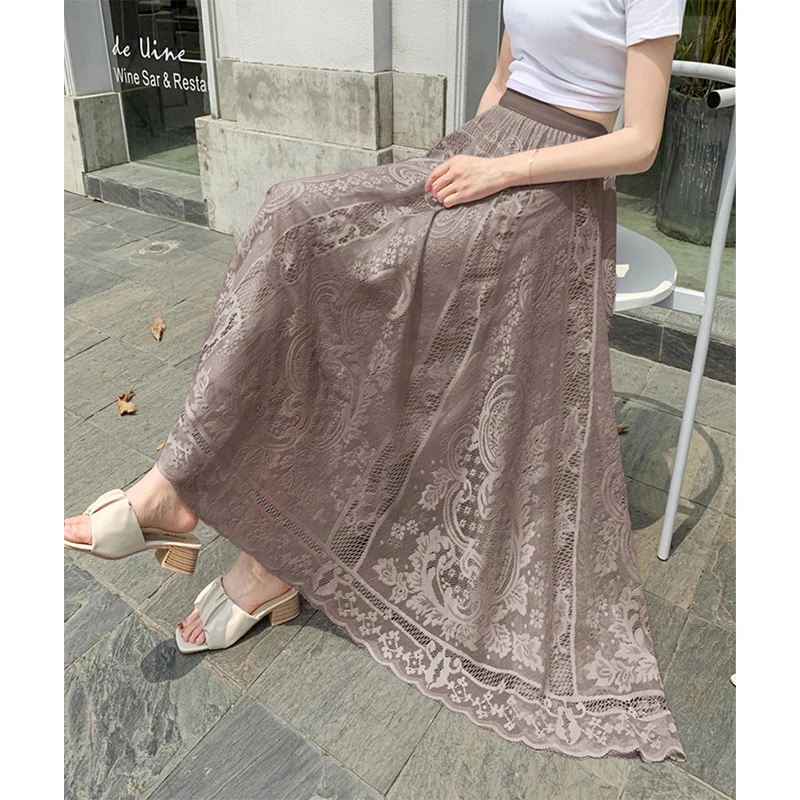 Elegant Lace Mesh Midi Skirt Women Fashion White Tulle Pleated Skirts Summer Streetwear Korean High Waist Black A Line Skirt New