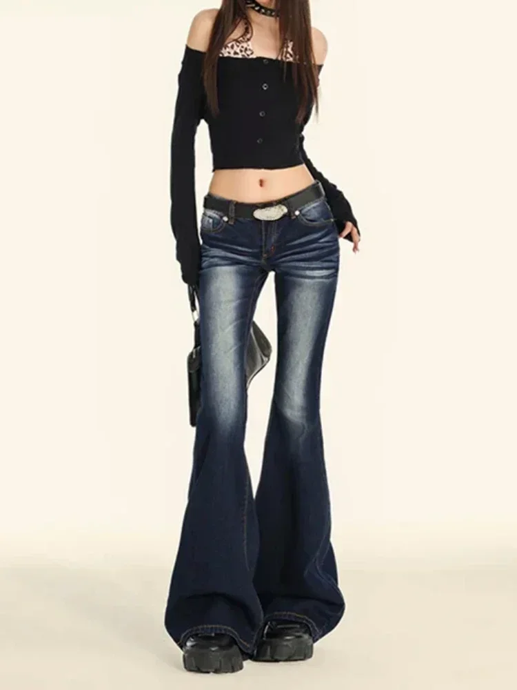 Kobiety Gyaru Japanese Harajuku Y2K Vintage Heans 2000s Korea Chic Low Rise Denim Trumpet Flare Pants Bell-Bottom Trousers Kpop