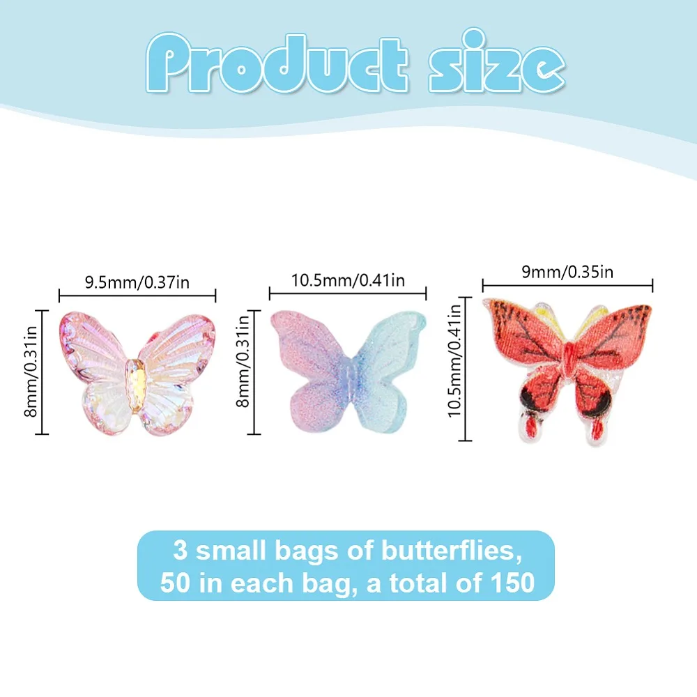 

150Pcs 3 Styles Resin Butterfly Cabochons Nail Art Decoration Accessories Mixed Color 8~9x9.5~10.5x1.5~3.5mm 50pcs/style