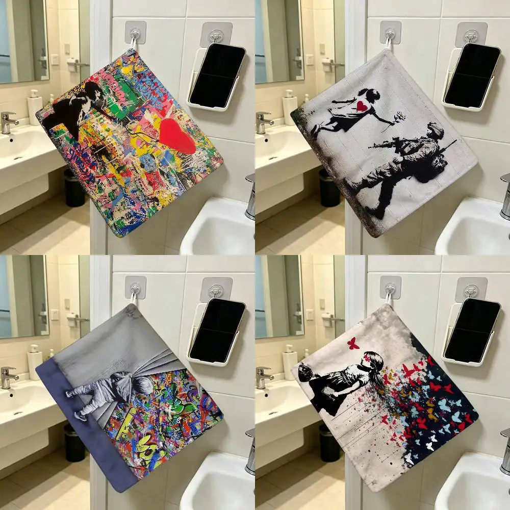 Banksy Street Graffiti Art Polyester Cotton Hanging Kitchen Towel Skin Friendly Hand Wiping Towel For Hotel Cafe Household