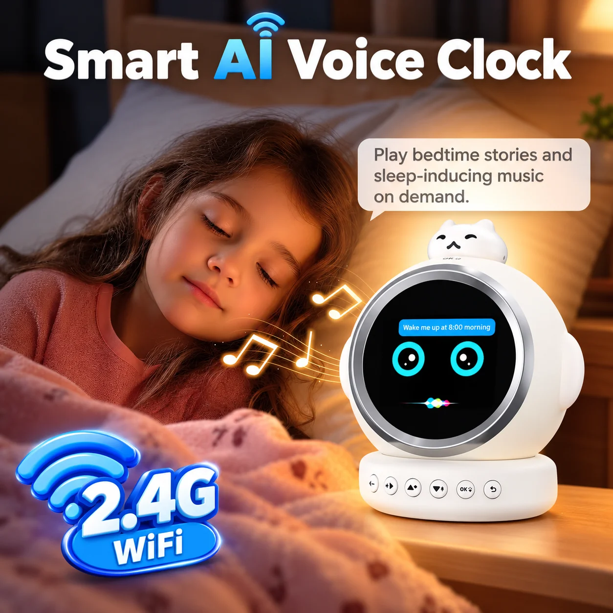 2026 NEW AI Smart Alarm Clock Kids Sleep Trainer WiFi 2.4G Voice Clock Talking Buddy Educational Music/Stories Player Cool Robot