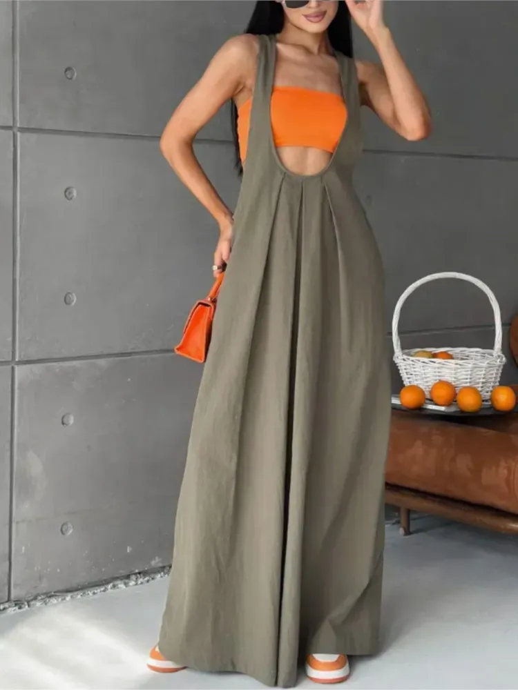 

Bohemia Y2k Woman's Fashion Shoulder Strap Long Dress Elegance Sleeveless Loose Waist-length Dressss Summer Lady Solid Vestidos
