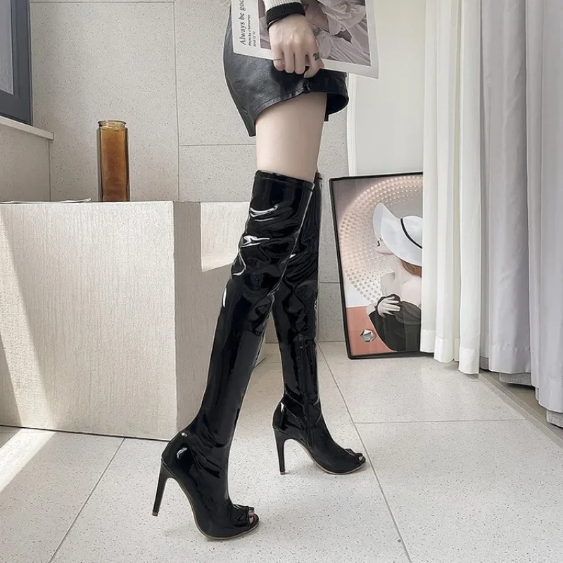 Spring 2023 New Open Toe High Heels Women Boot Slim Heels Knight  Night Club Sexy Steel Pipe Dance Boot Black Knee Boot Muje