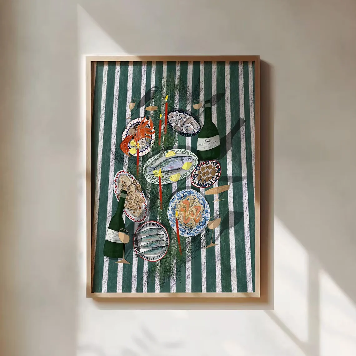 Cozy Seafood Feast Wall Art - Warm, Inviting Print Capturing the Joy of a Shared Mediterranean Meal. The bold green stripes and