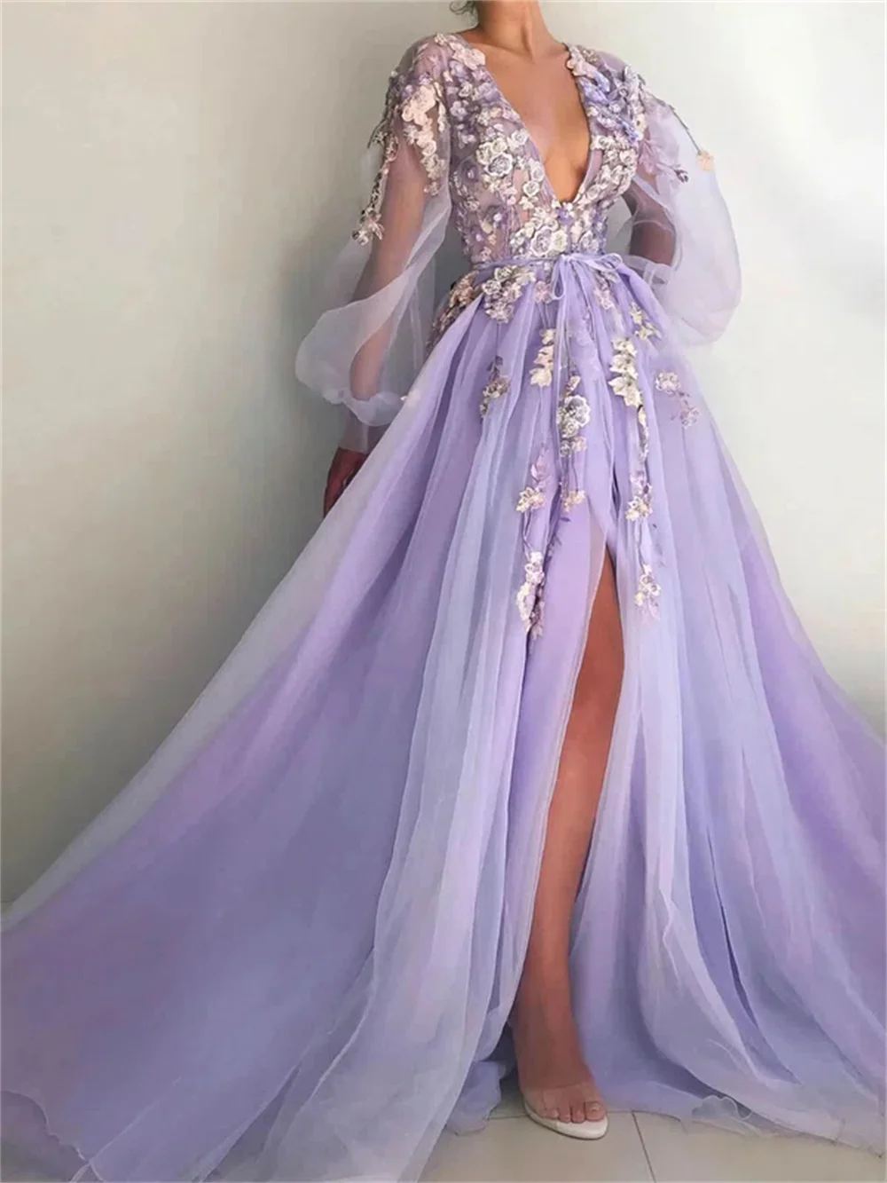 Cathy Lavender Tulle Wedding Dress V-neck Puffy Sleeves فساتين سهرة Lace Embroidery Side High Split vestidos de fiesta 2024