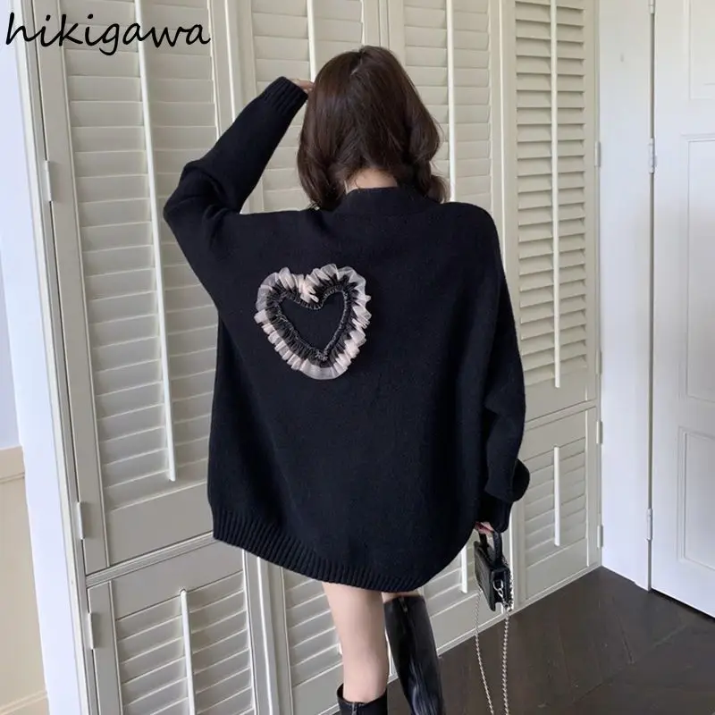 Cute Gauze Patchwork Cardigan Coat Women Sueter Mujer Casual Fashion Knit Oversized Sweater Pull Femme 2024 Fall Winter Clothing