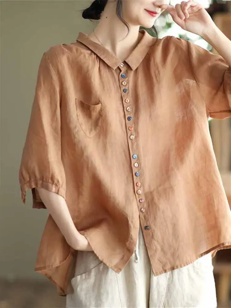 Camicetta in lino di cotone blu con bottoni vintage ort Sve irt da donna di marca originale