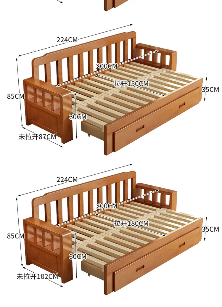 Solid wood sofa bed folding dual-purpose push-pull telescopic and lying living room multi-functional pull solid wood sof