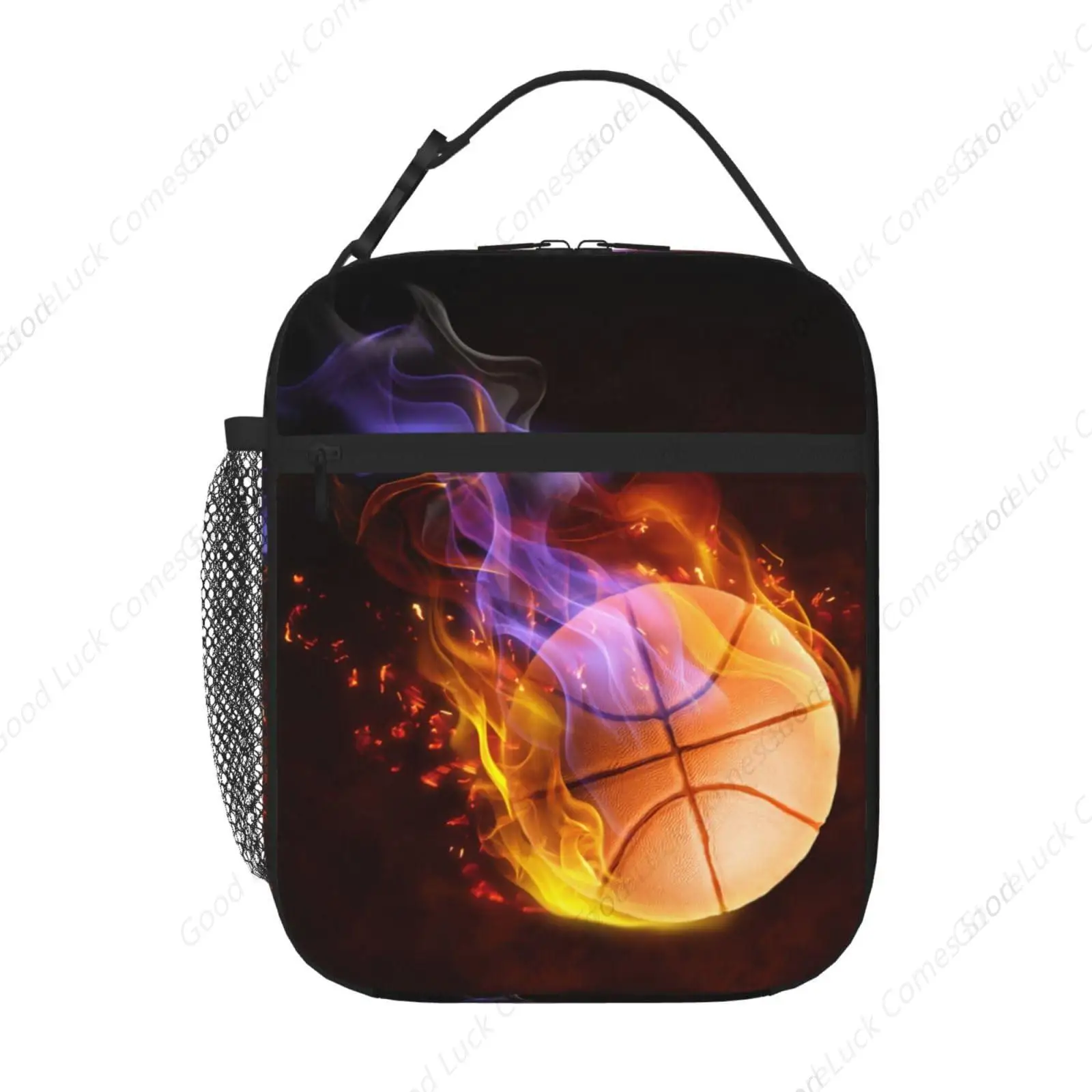 Basketball Lunch Box with Fire Pattern, Sports-themed Lunch Bag for Kids Teens Adults Boys Men, Insulated Leakproof Waterproof