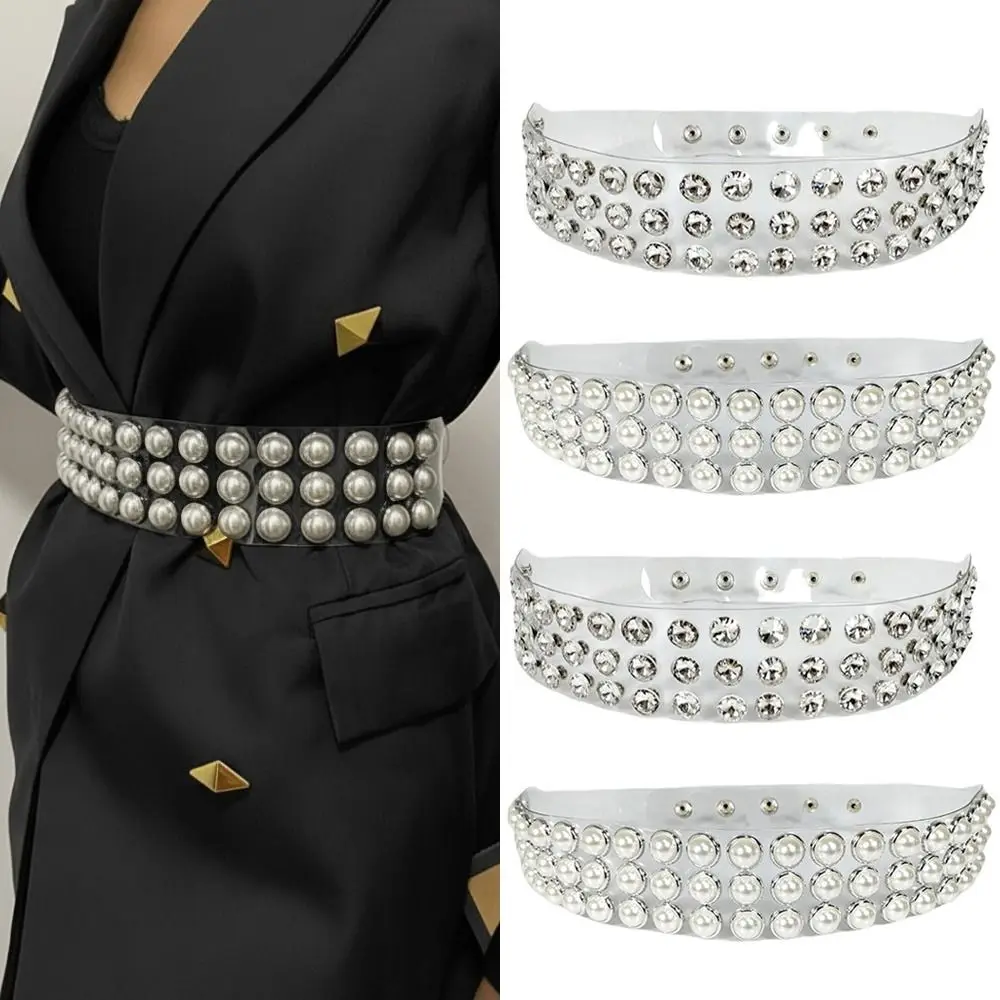 Imagen 5: Cinturón de Moda Plateado con Pedrería Transparente para Mujer, Decoración de Perlas, Cinturones de PVC Anchos y Transparentes para Mujer