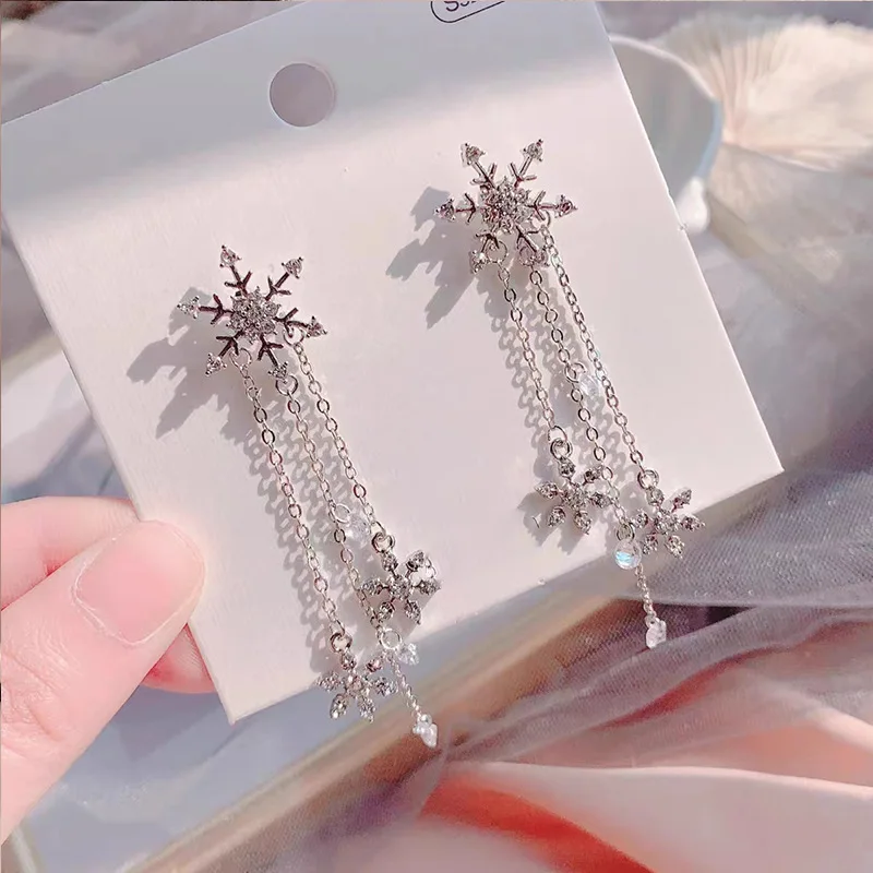 New Temperament Long Tassel Earring For Women Female Wedding Jewelry Christmas Rhinestone Snowflake Ear Studs Fashion Party Gift