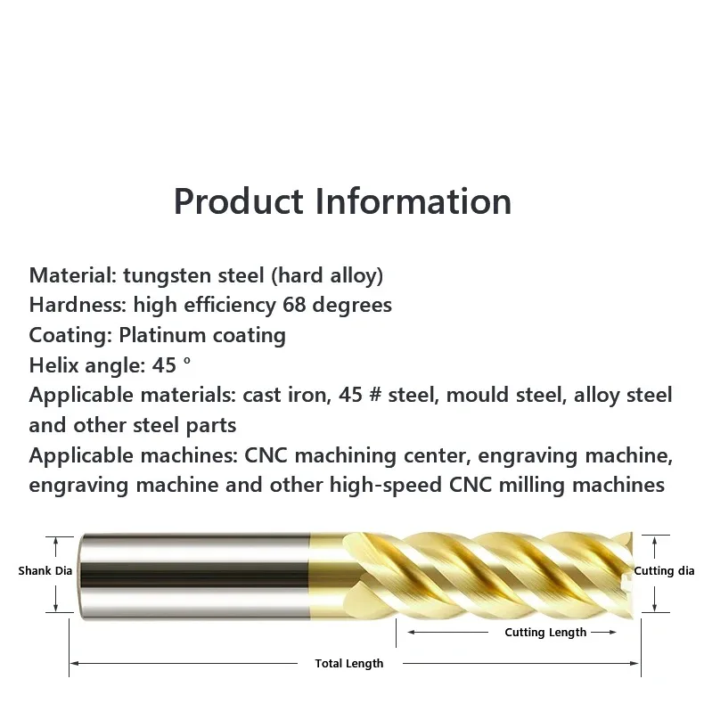 HRC68 Carbide End Mill 1 2 4 5 6 8 10 12 4Flutes Milling Cutter Tungsten Cutting Tool CNC Metal Steel Key Face Square Router Bit