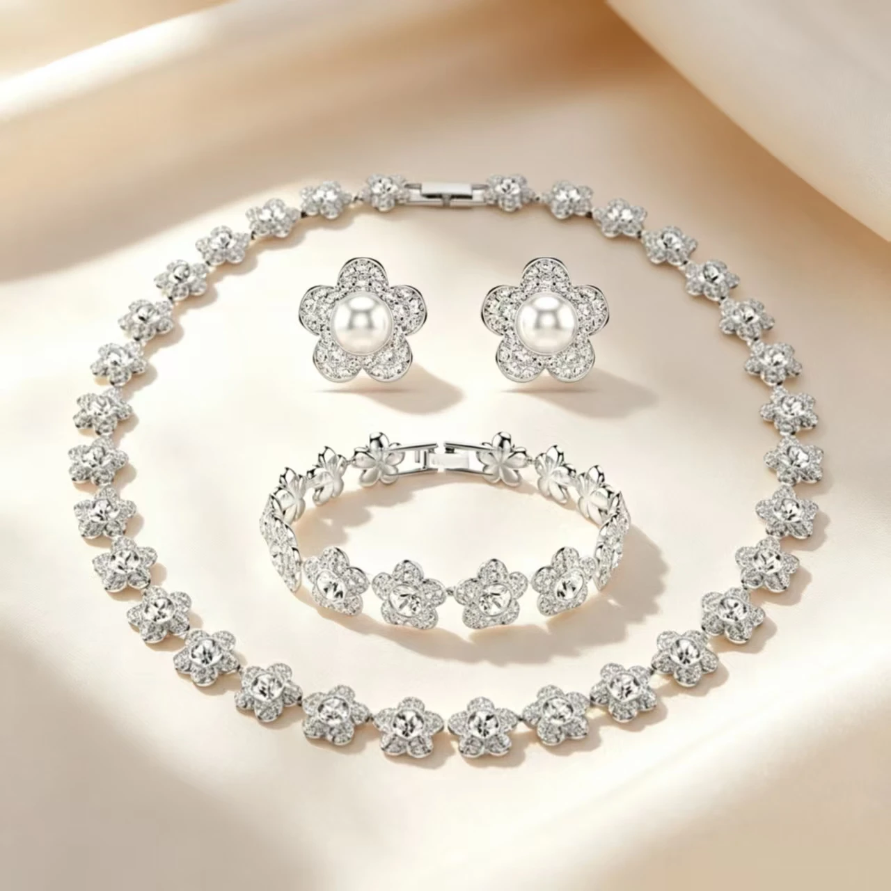 High-quality Classic Floral Zircon Necklace, Bracelet, and Stud Earring Set, S925 Silver, Gift, Party, Couple, Banquet