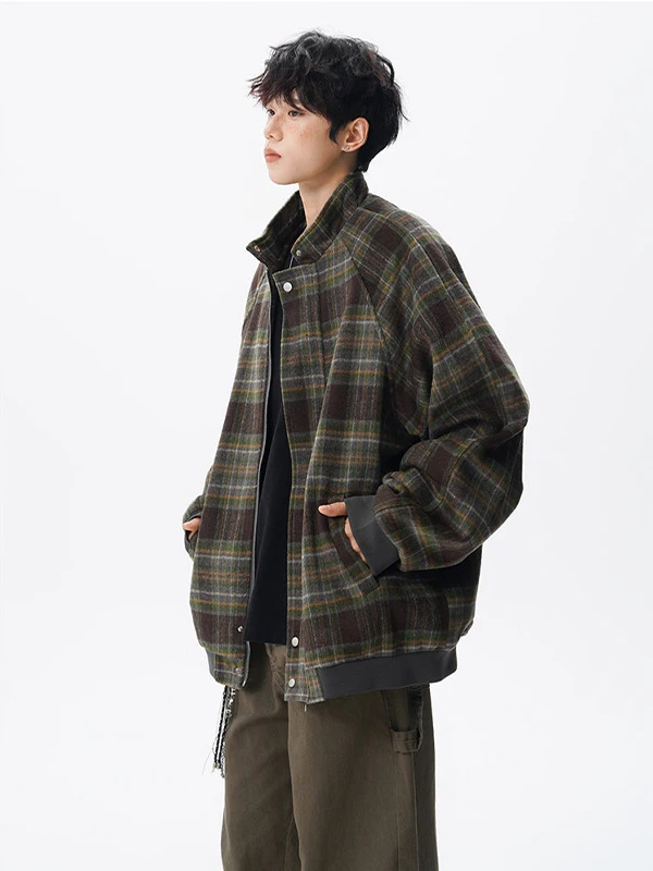 

American Plaid Brued Stand Collar Jaet Men's Autumn Winter Loose Retro Design Casual Zipper Open Cardigan Outerwear