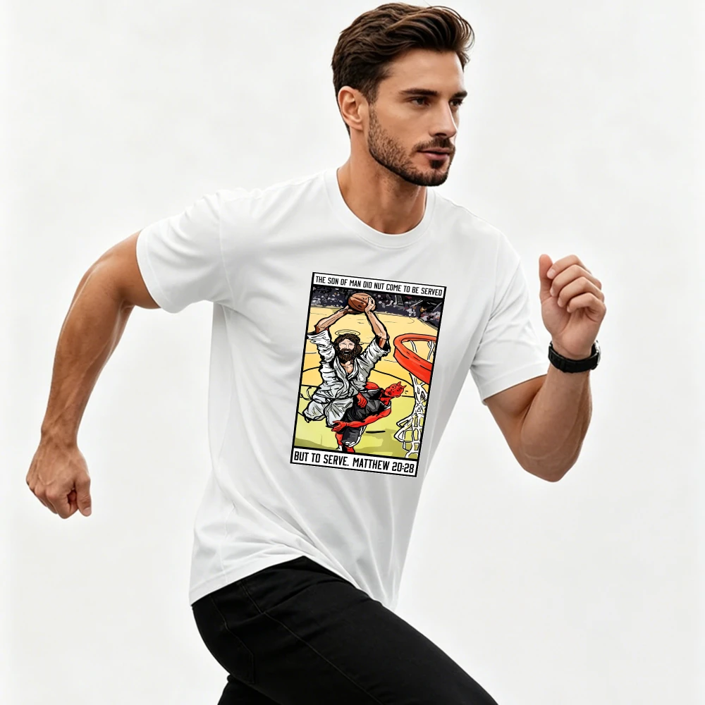 Basketball Dunk Jesus Satan Matthew 20:28 Serve Quote Graphic Shirt Funny Christian Sports Faith Casual Summer Believer Gift Tee