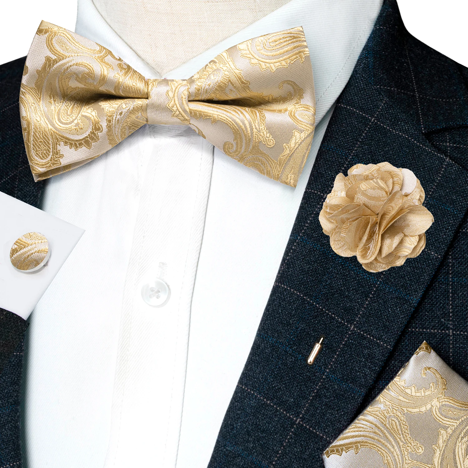 Klassische Herren-Fliege, brauner Jacquard, Paisley-Fliege, Einstecktuch, Manschettenknöpfe, Broschen-Set, Hochzeit, Party, Schmetterlingsknoten, Geschenk, Herren-Accessoires