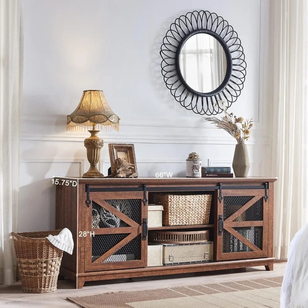 TV Stand with Sliding Barn Door, TVs Console Cabinet with Adjustable Shelves, TV Stand