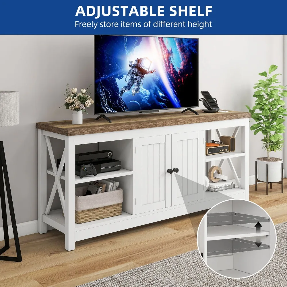 Suporte de TV com portas, tomadas de energia para console de TV de centro de entretenimento de 65 polegadas