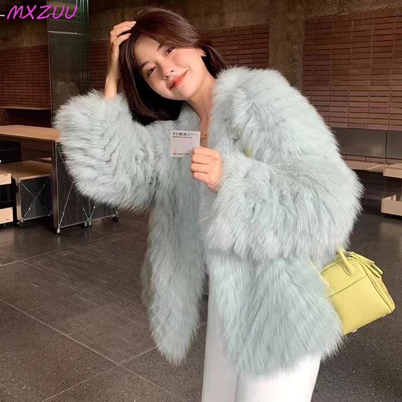 Women\'s Natural Fur Coat Winter New High Quality Strip Fox Fur Jackets Young Lady V-neck Korean Fashion Simple Kurtka Futro Tops