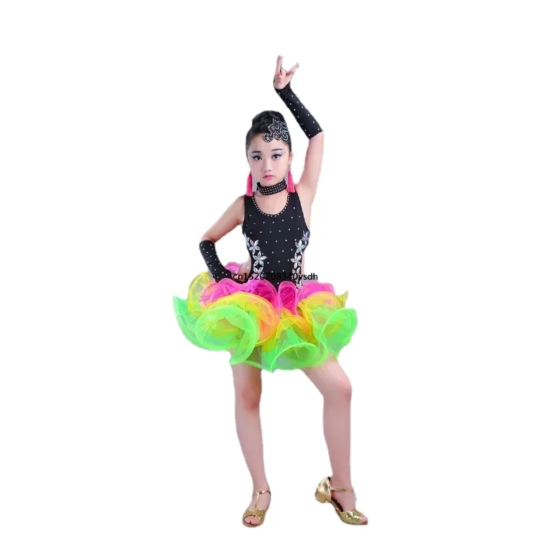 Children Jazz Latin Dance wear Costumes Girls Sequined Ballroom Dancing dress Kids salsa Latin dance Outfits Performance
