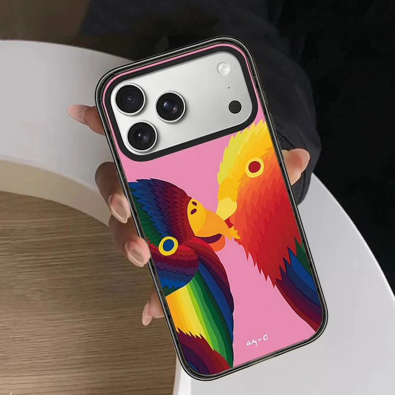 Rainbow Bird Couple Impact Black Border Magnetic Phone Case Cover for IPhone 13 14 15 16 17 Pro Max Case for IPhone Air