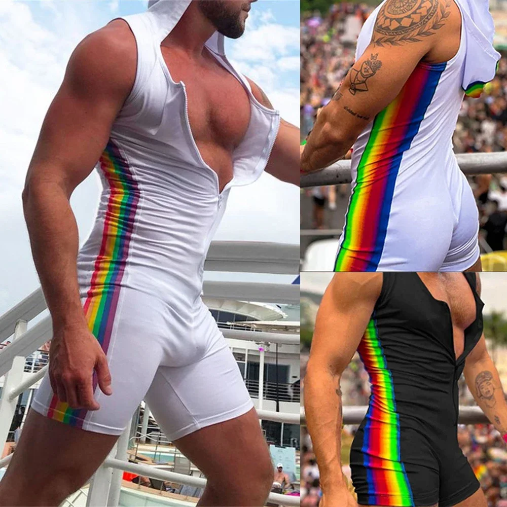 

Men Sexy Sleeveless Jumpsuit Casual Rainbow Striped Bodysuit Zipper Hooded Romper Boxer Shorts Skinny Home Wear Tracksuit Pajama