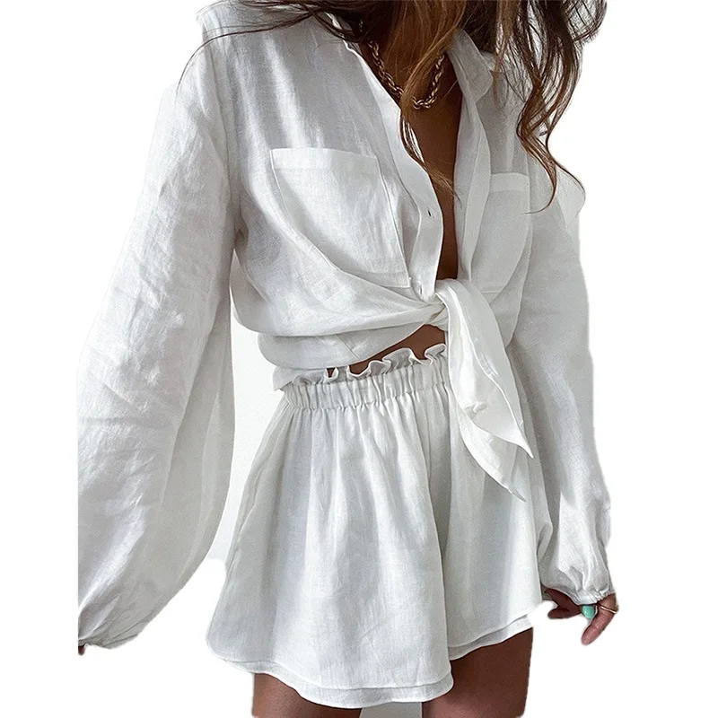 Women's Summer New Ruffle Shorts Solid Shirt Shirt Ladies Two-piece Set