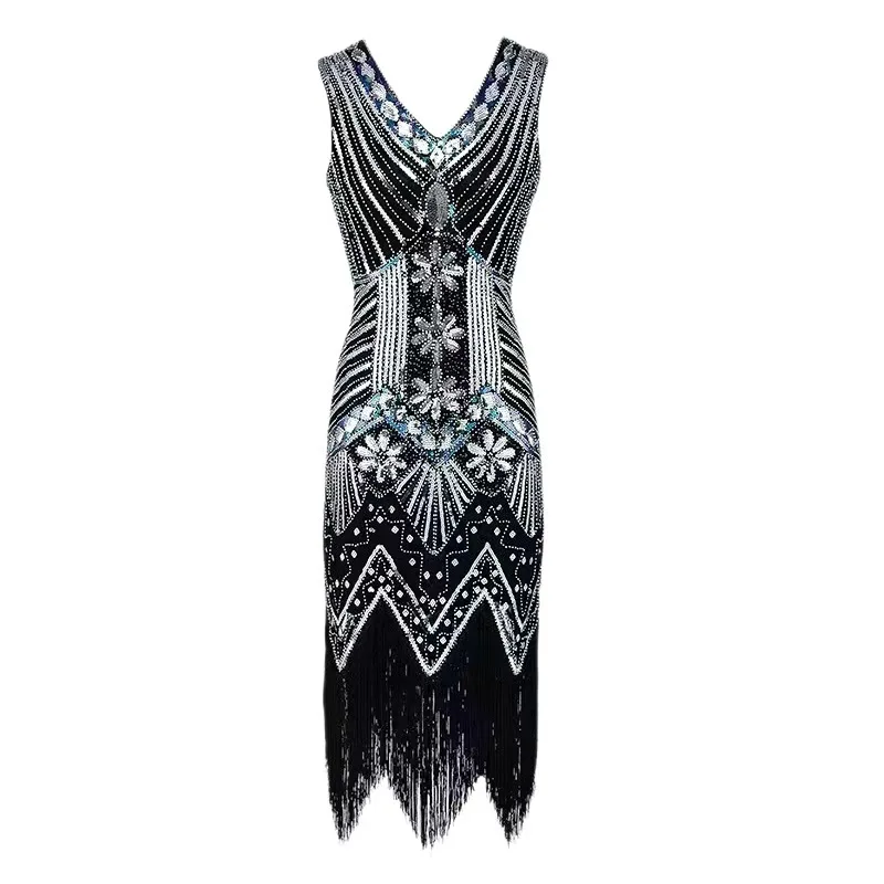 Europe and America Glamorous Sequin Beaded Fringe Dress Vintage Sleeveless V Neck Fashion Prom Evening Gown Wedding Party