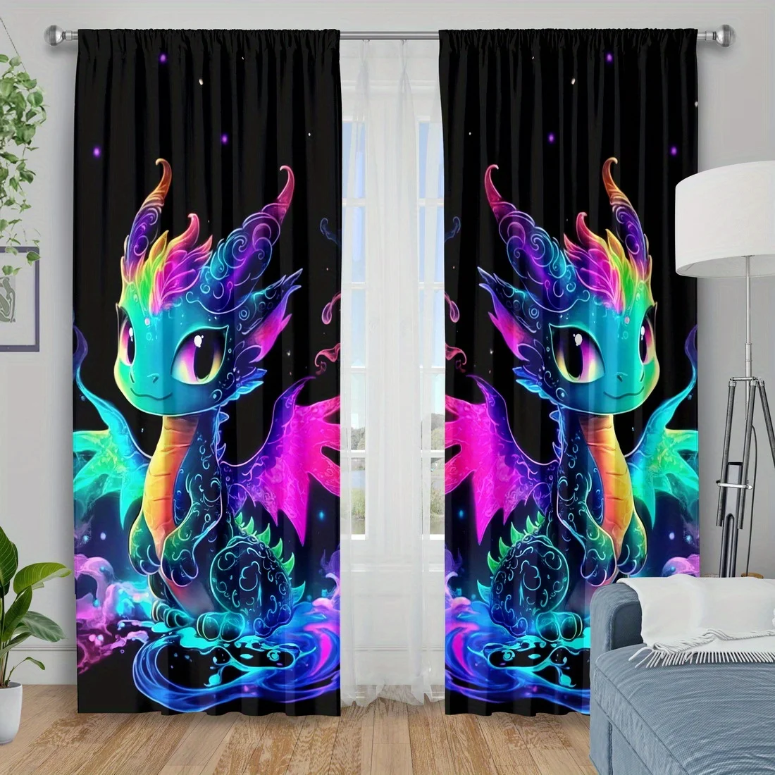 2pcs Rainbow Dragon Curtains Fantasy Neon Creature Print Drape Kids Room Game Room Window Treatment Magical Home Decor Panels