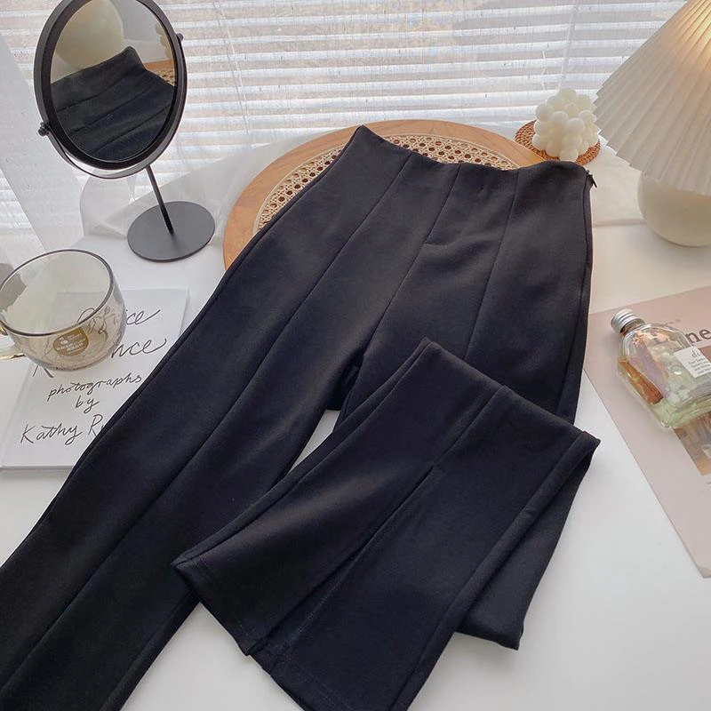 Flare Pants Women Front Split High Waisted Ladies Trousers 2022 Spring Autumn Fashion Black Suit Trousers Side Zipper