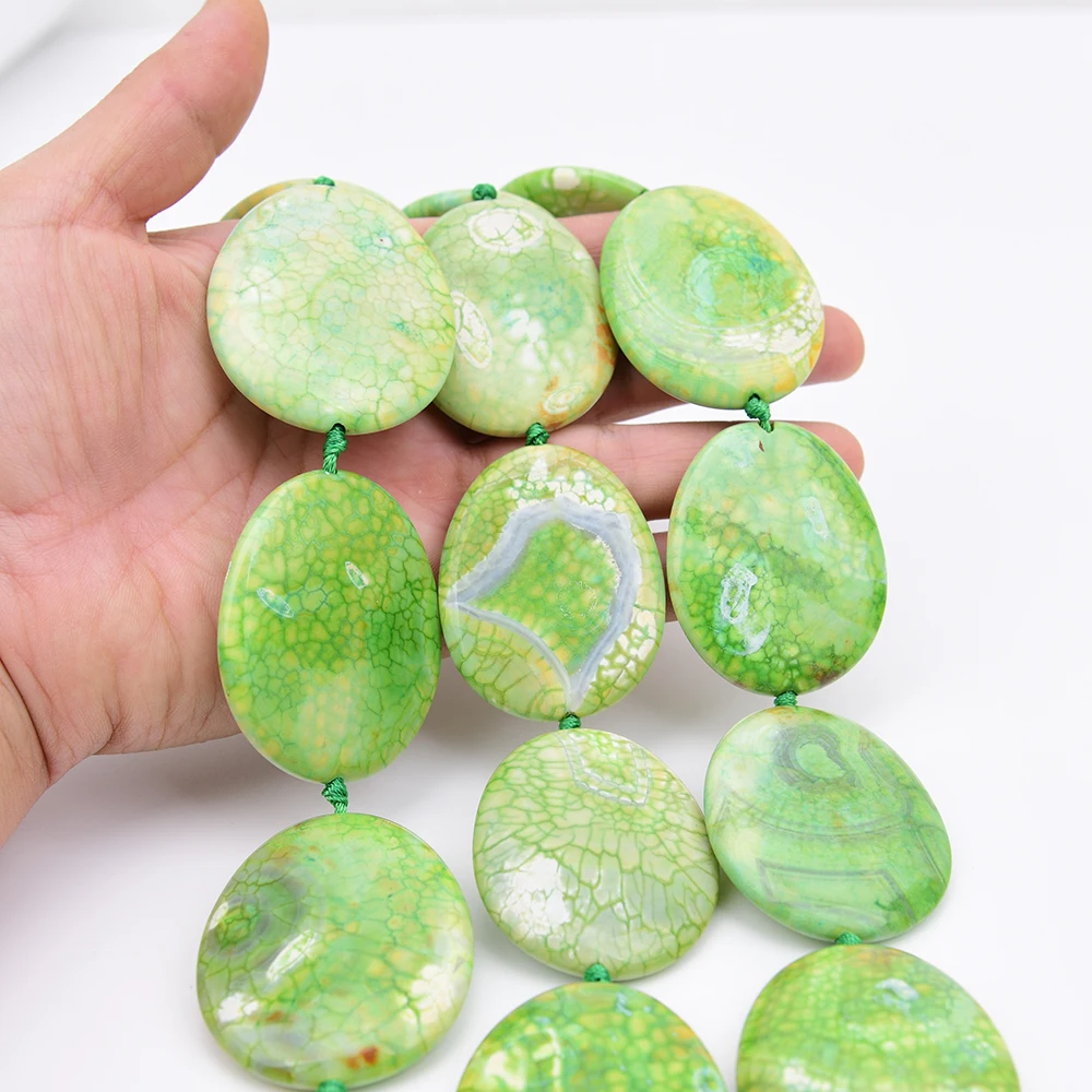 APDGG Large 40x50mm Natural Green Dragon Veins Agate Smooth Oval Slice Loose Pendant Beads 17