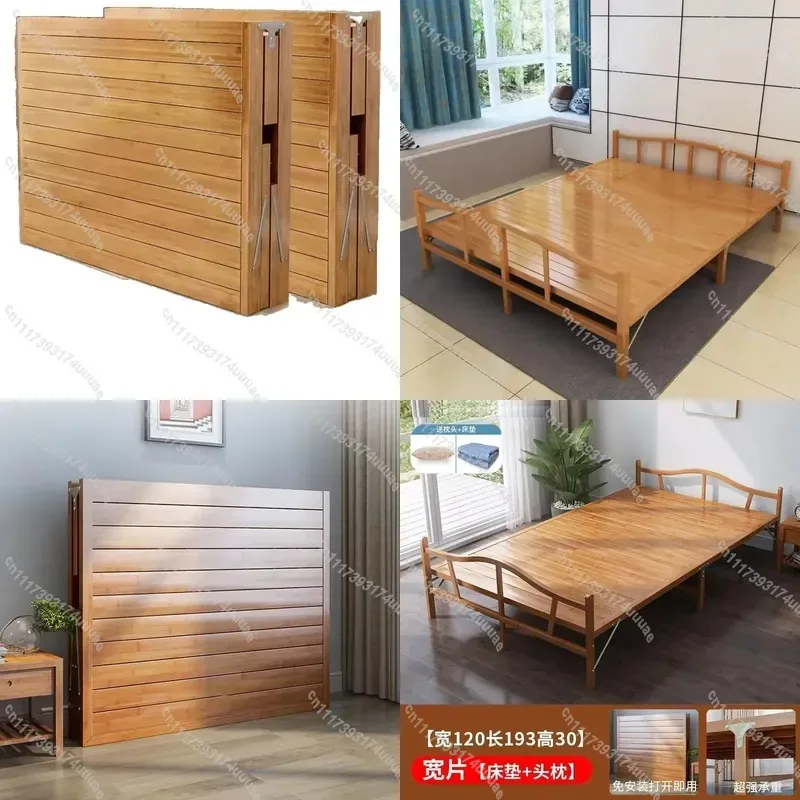 Folding Bamboo Hardboard Bed, Single Double Size Wooden Frame Cot for Household Rental House Office Lunch Break