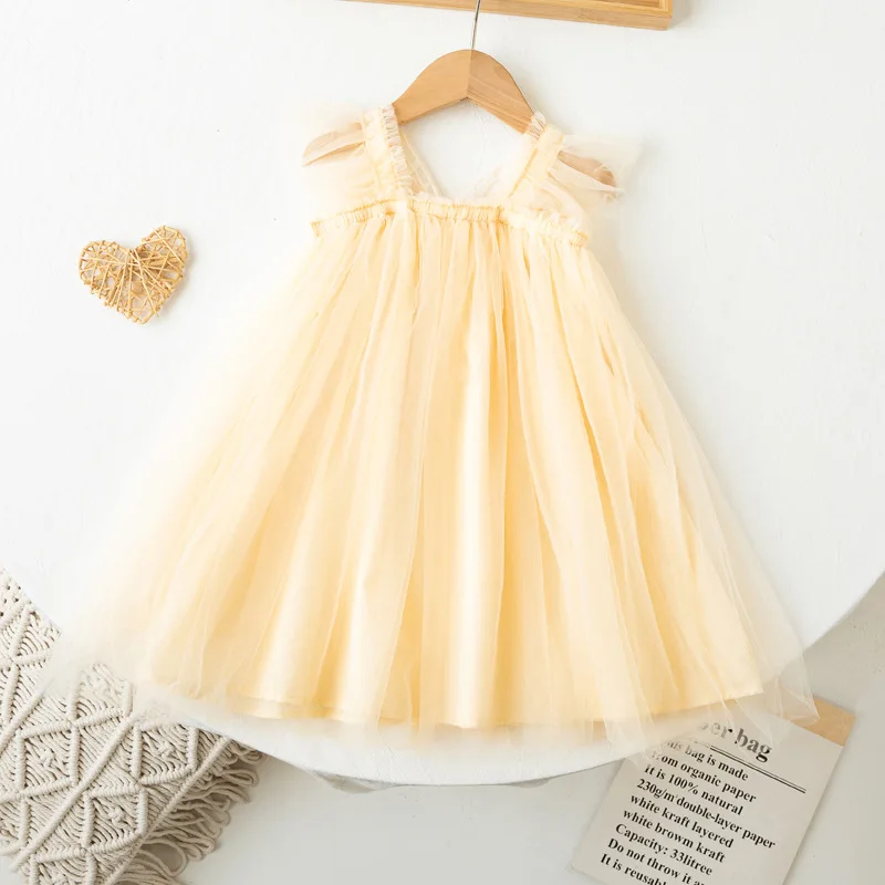 2-8Y Children's Girls Dresses With Wing Summer Sleeveless Lace Princess Clothes Soft Baby Tulle Dresses For Girls Clothing 2024