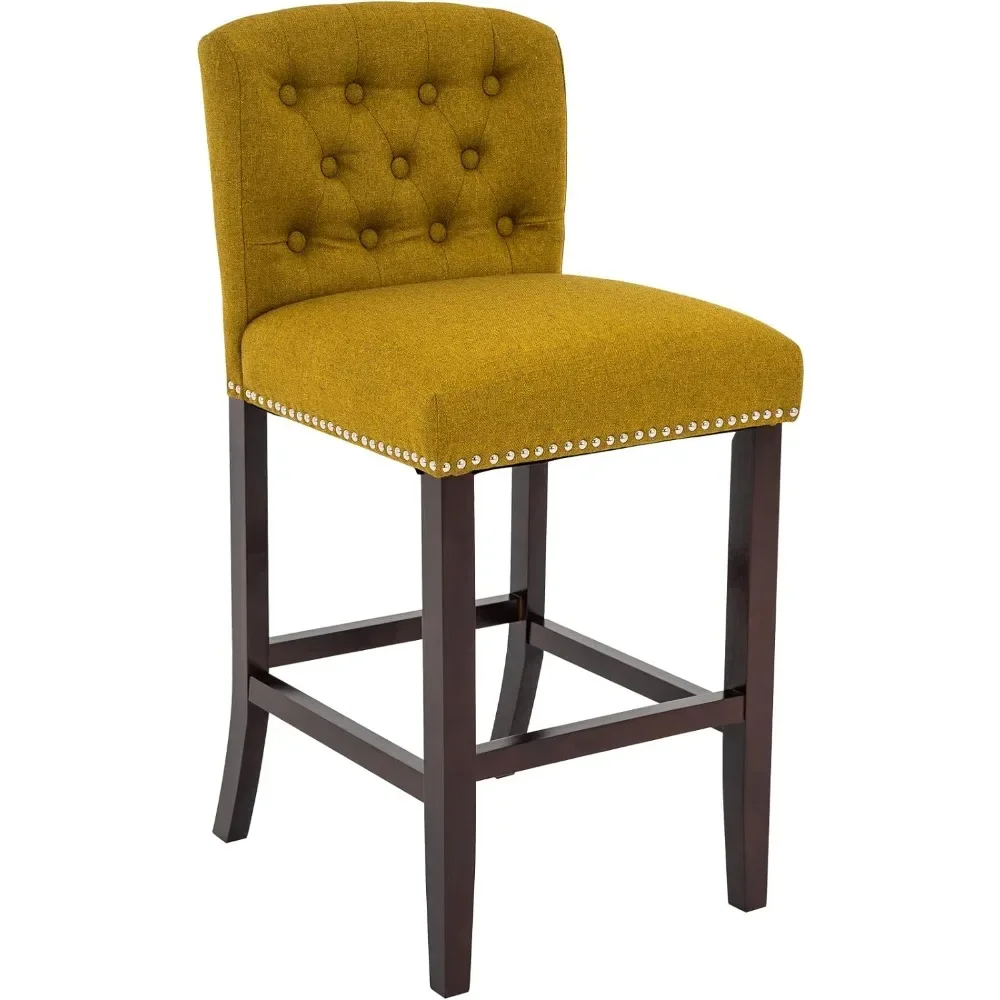 

28 Inch Bar Stool, Linen Fabric Button Tufted Barstool with Back, Solid Wood Legs, Nailhead Trim, Upholstered Armless Bar Chair