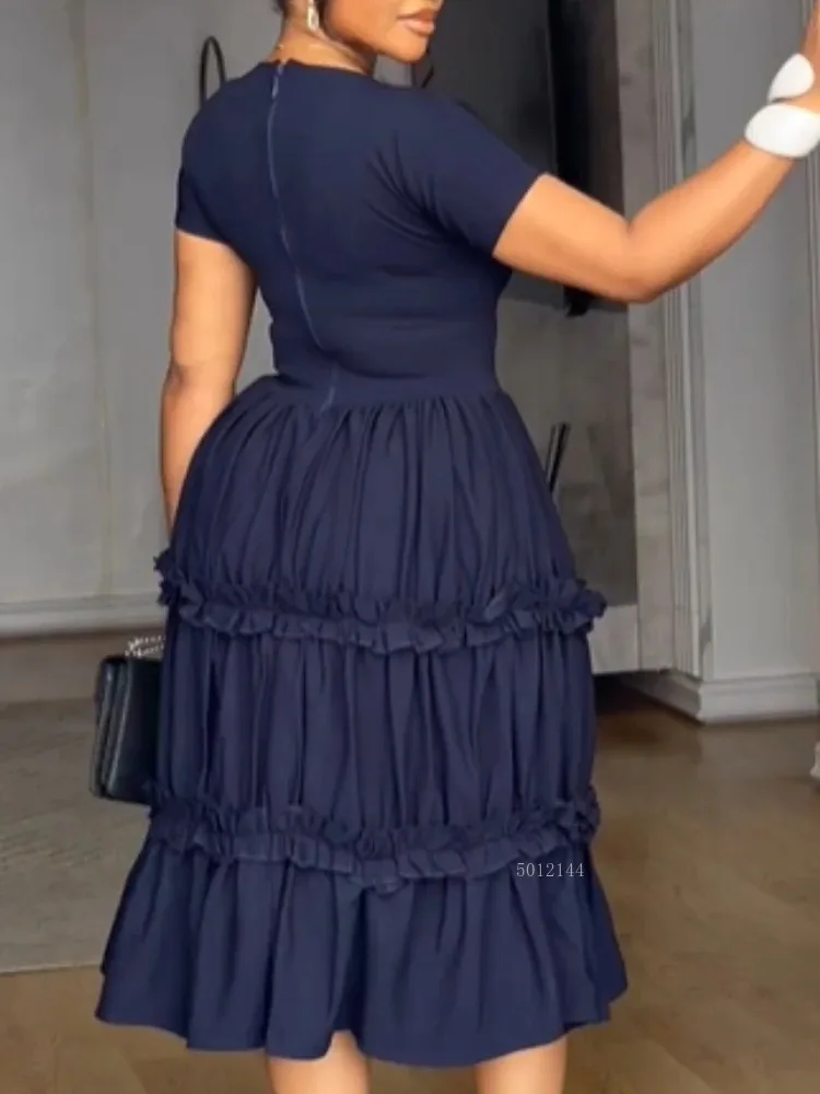 فساتين الكنيسة للمرأة 2026 ملابس مكتب أنيقة ألف خط س الرقبة قصيرة الأكمام الكشكشة مطوي س قطع الموضة الأفريقية الجديدة