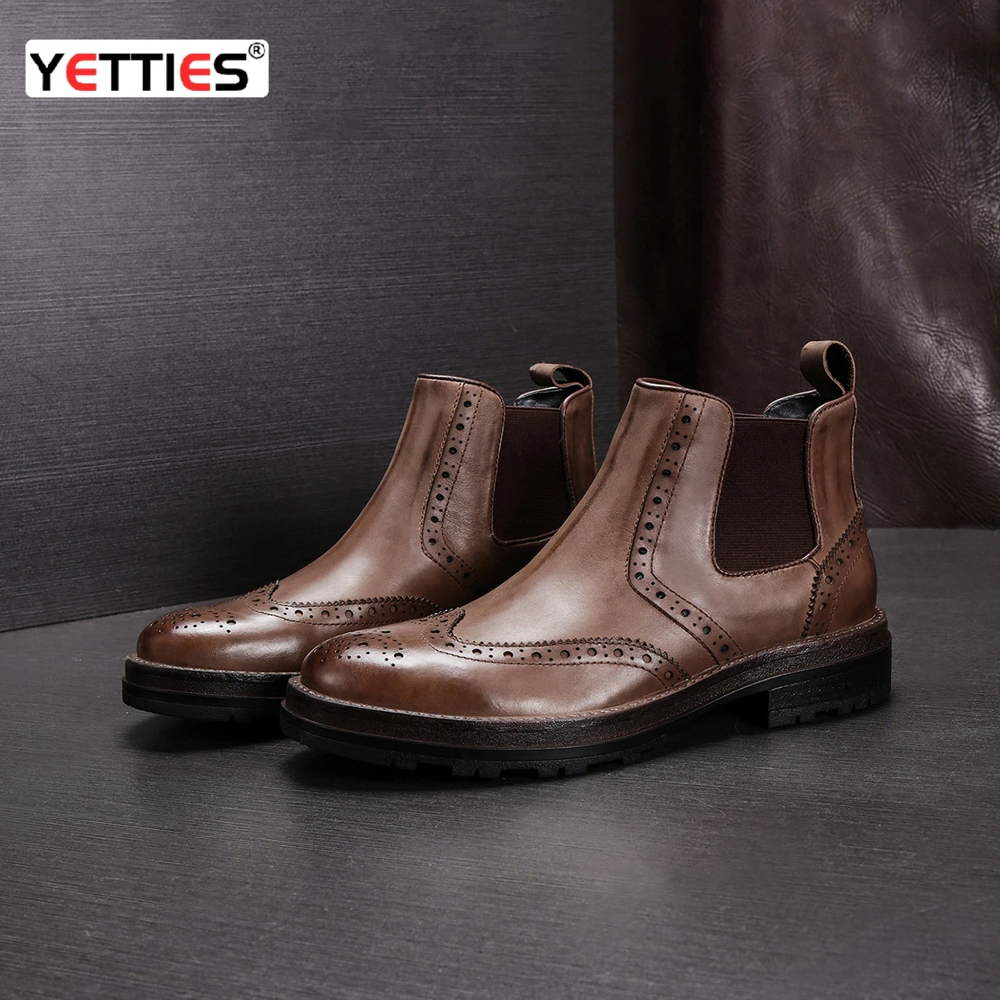 

Men's Mid-Calf Genuine Leather Chelsea Boots Thick Sole Business Brogue Work Boots | 4-Tier Embossed Versatile Casual Footwear