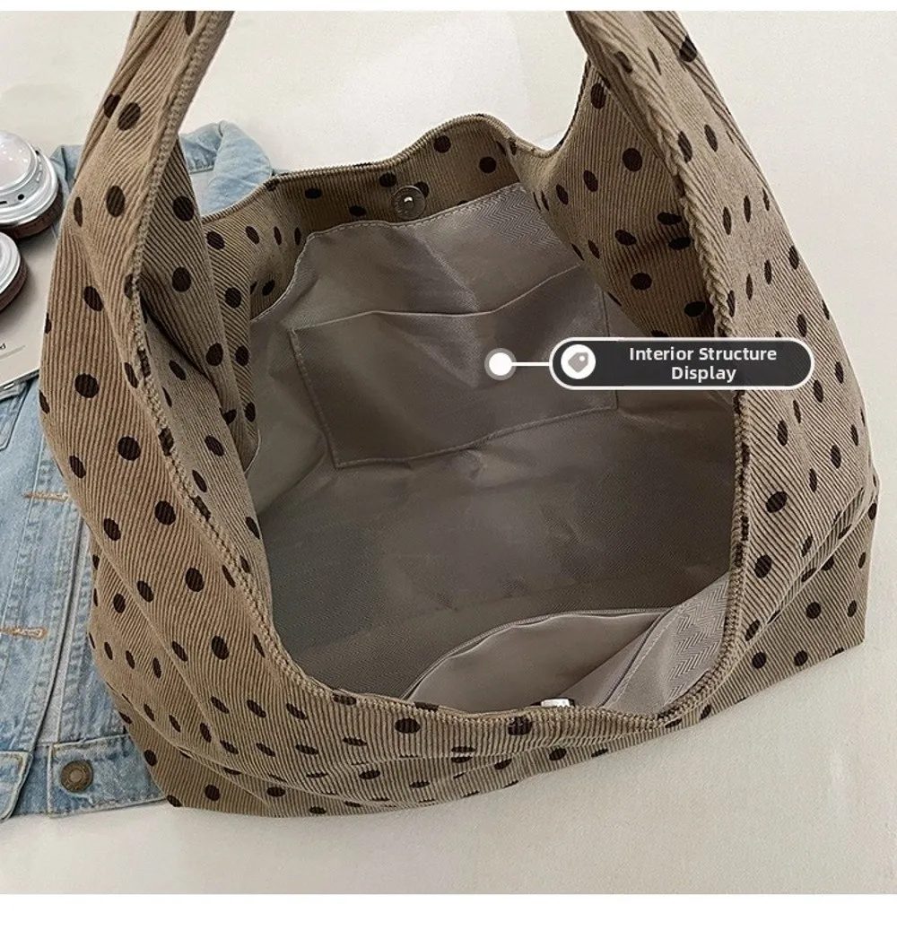 Neue Damenhandtasche mit Polka-Dot-Muster, lässige Umhängetasche aus Cord, große Tragetasche für den täglichen Pendelverkehr – Detail 5