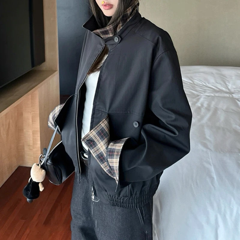 

Короткая куртка в клетку в стиле ретро, женская куртка спецодежды на молнии с лацканами, нишевый дизайн, повседневный и универсальный топ